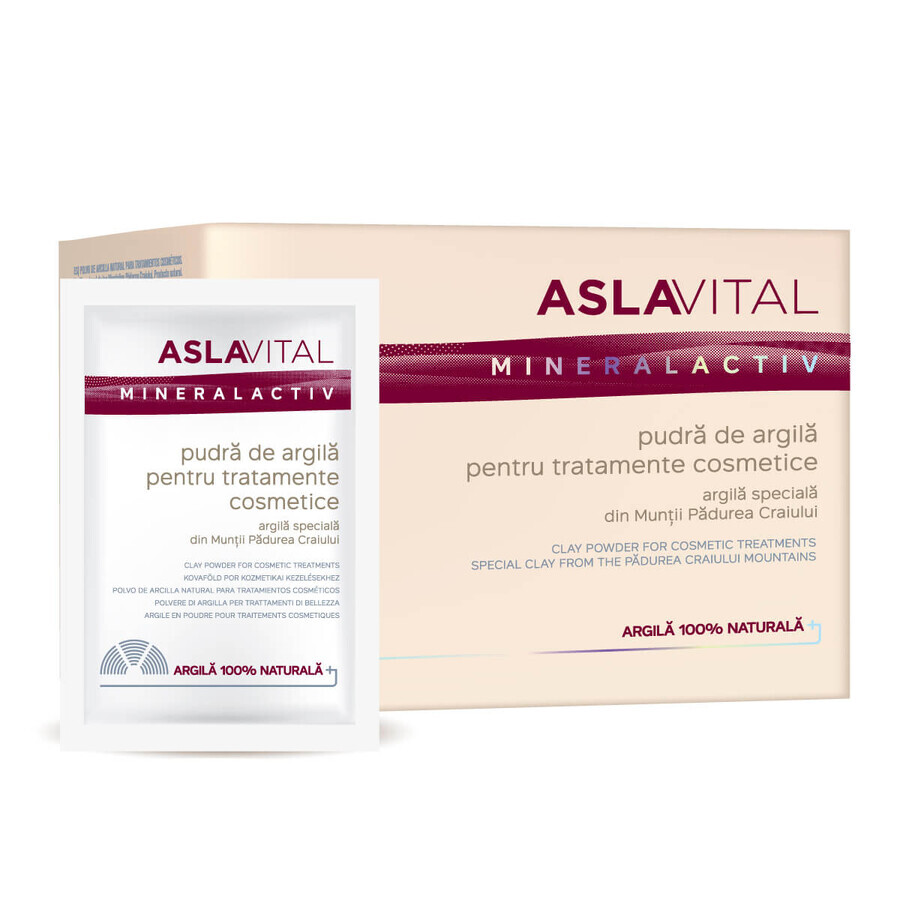 Argile en poudre pour traitements cosmétiques Aslavital Mineralactiv, 10 sachets x 20 g, Farmec