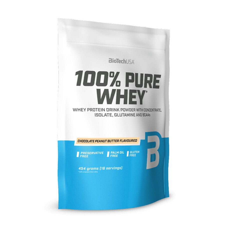 100% Pure Whey Chocolate Protein Powder - Peanut Butter, 454 g, BioTech USA