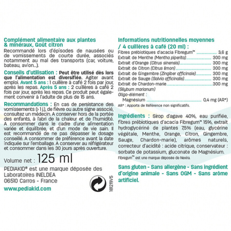 Sciroppo al gusto di menta piperita per chinetosi, 125 ml, Pediakid