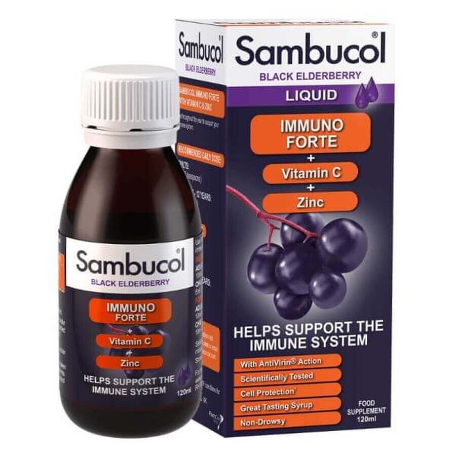 Immuno Forte Sirup aus schwarzem Holunder, Vitamin C und Zink, 120 ml, Sambucol