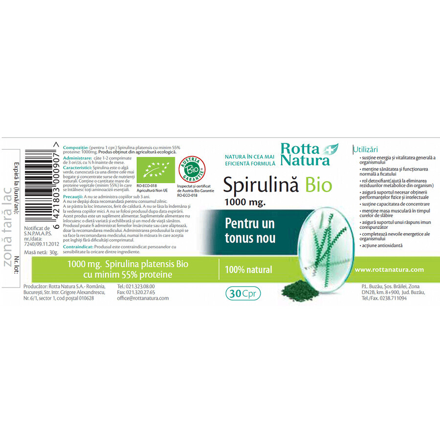 Spirulina 1000 mg, 30 compresse, Rotta Natura