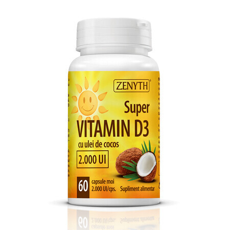 Super vitamine D3 à l'huile de coco 2 000 UI, 60 gélules, Zenyth