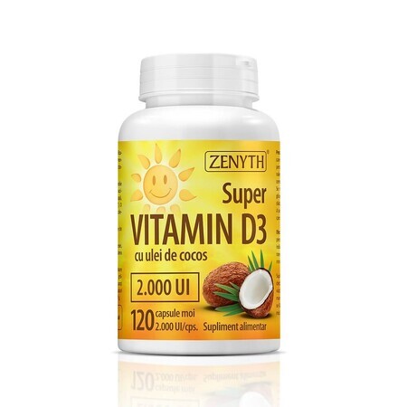 Super Vitamine D3 à l'huile de coco 2000UI, 120 gélules, Zenyth
