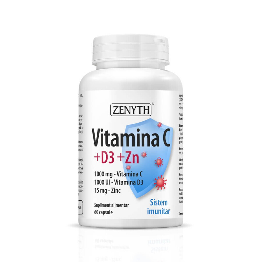Vitamine C +D3 +Zn, 60 gélules, Zenyth