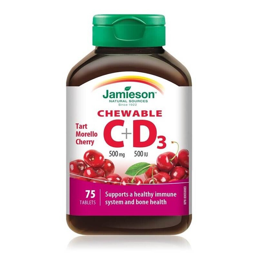 Vitamine C 500 mg + Vitamine D3 500 UI avec arôme de cerise, 75 comprimés à croquer, Jamieson Évaluations
