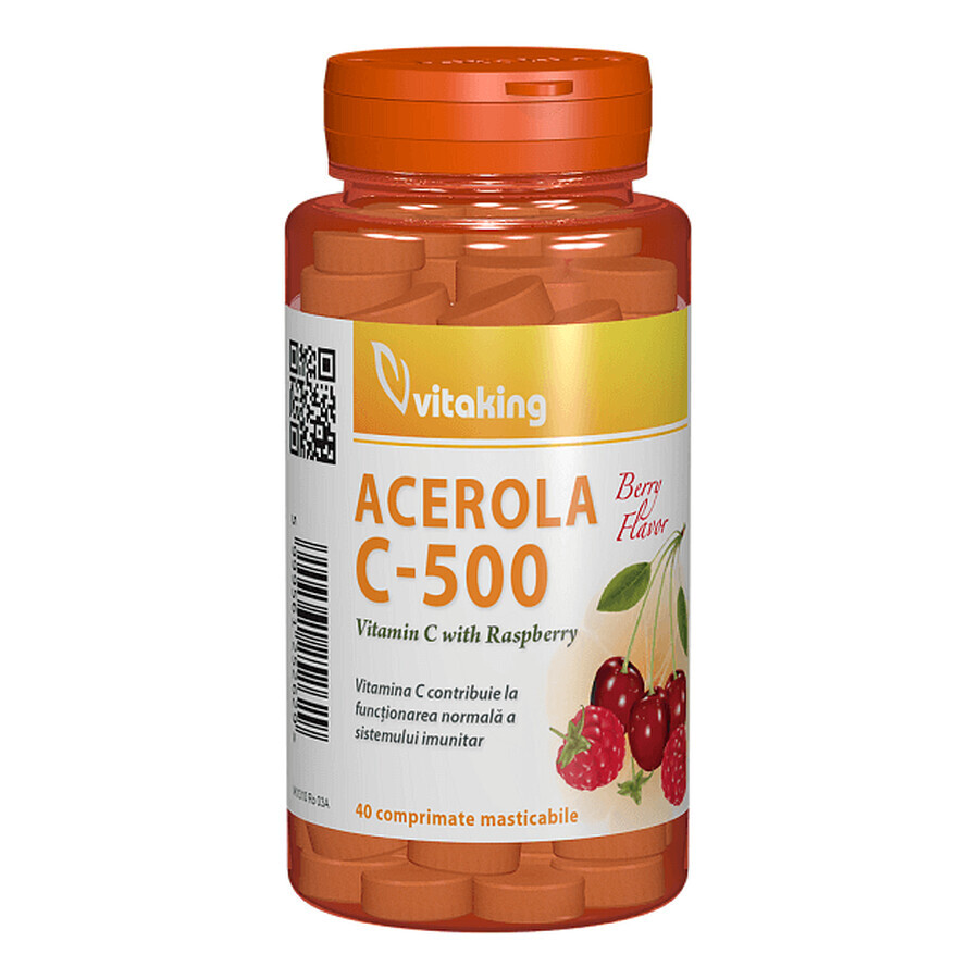 Vitamine C 500 mg avec acérola et arôme framboise, 40 comprimés à croquer, Vitaking