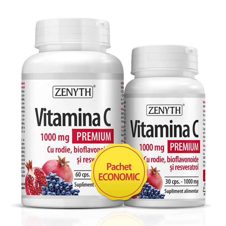 Premium Vitamine C avec grenade, bioflavonoïdes et resvératrol 1000 mg, 60+30 gélules, Zenyth