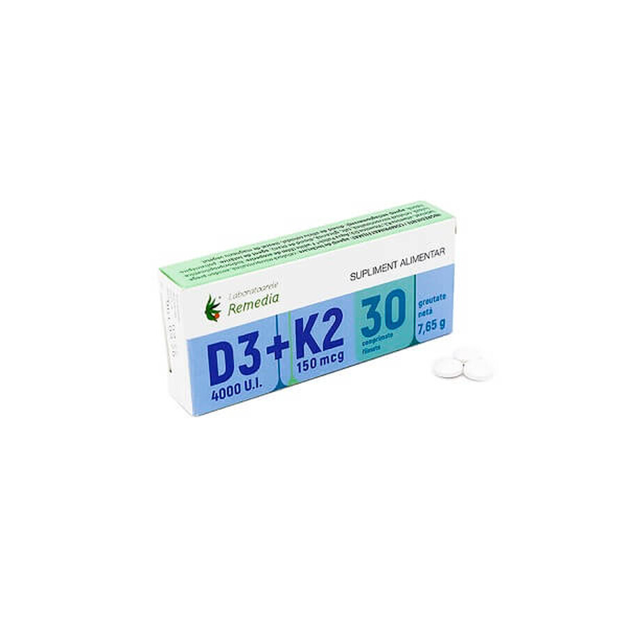 Vitamine D3 (4000 U.I.) + Vitamine K2 (150 mcg), 30 gélules, Remedia