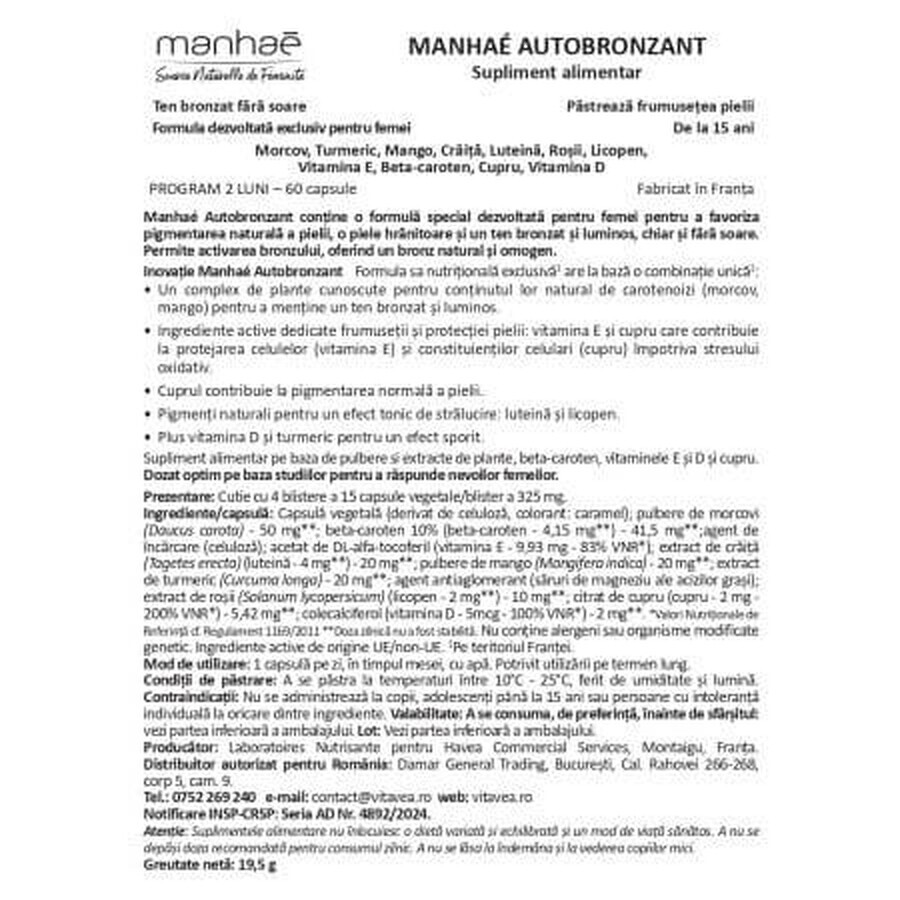 Autobronzant, 60 gélules, Manhae