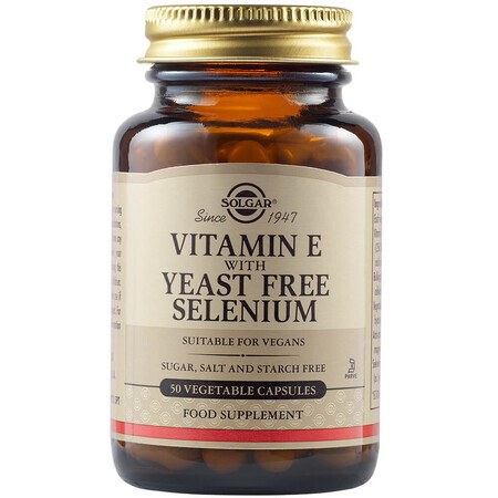 Vitamine E avec Sélénium sans levure, 50 gélules, Solgar