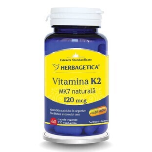 Vitamine K2 MK7 naturelle 120mcg, 60 gélules, Herbagetica