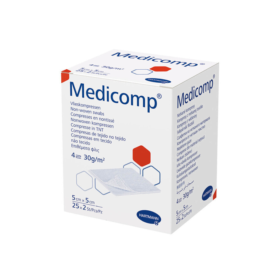 Medicomp, comprese sterile, nețesute, sterile, 4 straturi, 30 g/m2, 5 cm x 5 cm, 50 buc.