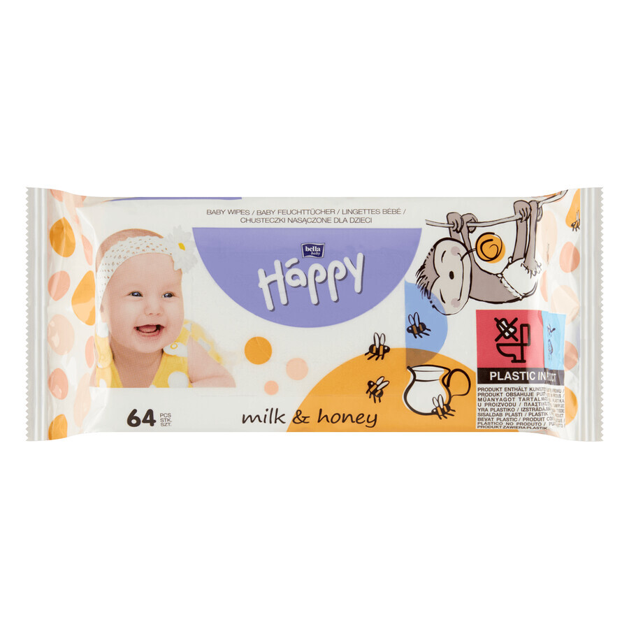 Bella Baby Happy, lingettes humides, miel et lait, 64 pièces