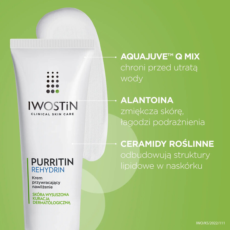 Iwostin Purritin Rehydrin, crème hydratante, peau séchée par traitement dermatologique, 40 ml