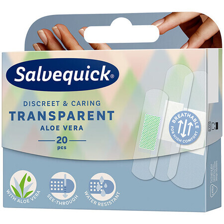 Salvequick Transparent Aloe Vera, tencuială transparentă pentru pansamente, impermeabilă, cu aloe vera, 20 bucăți