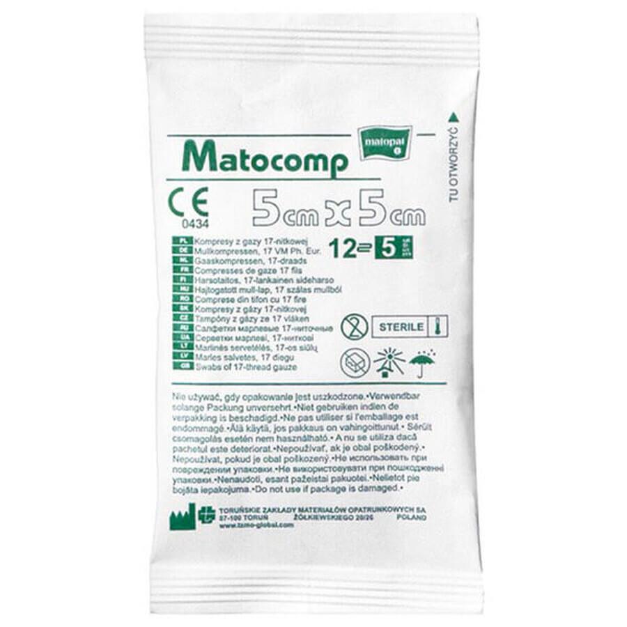 Matopat Matocomp, compresses de gaze stériles, 17 fils, 12 couches, 5 cm x 5 cm, 5 pièces