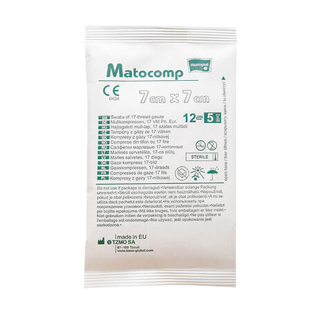 Matopat Matocomp, compresses de gaze stériles, 17 fils, 12 couches, 7 cm x 7 cm, 5 pièces