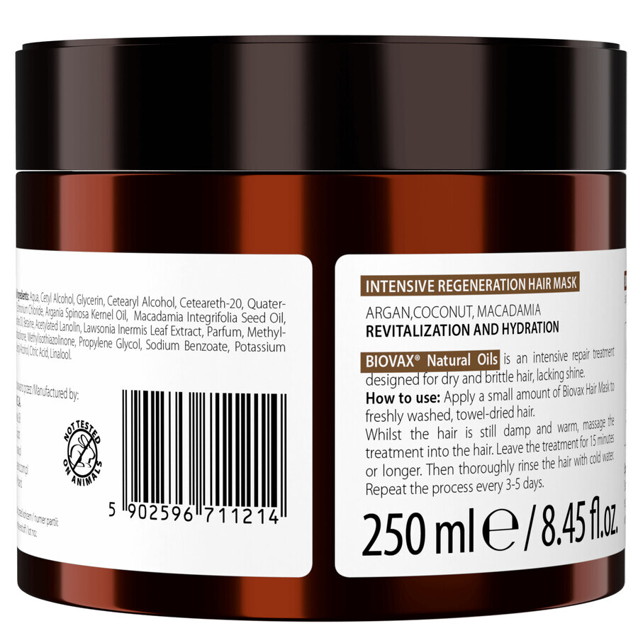 Biovax, masque capillaire intensément régénérant, argan, noix de coco et macadamia, 250 ml