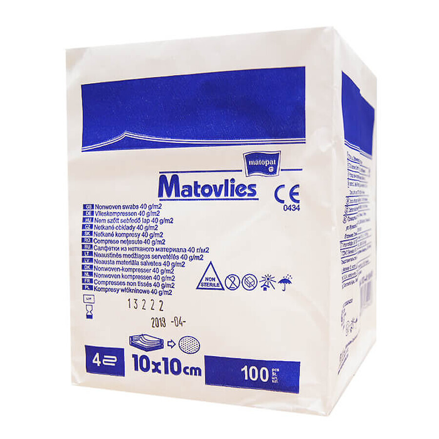 Matopat Matovlies, comprese nesterile, nețesute, 4 straturi, 40 g/m2, 10 cm x 10 cm, 100 de bucăți