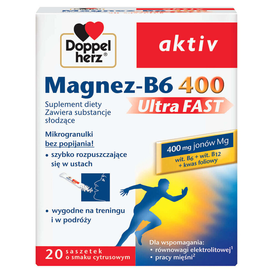 Doppelherz aktiv Magnez-B6 400 UltraFast, saveur d&#39;agrumes, 20 sachets