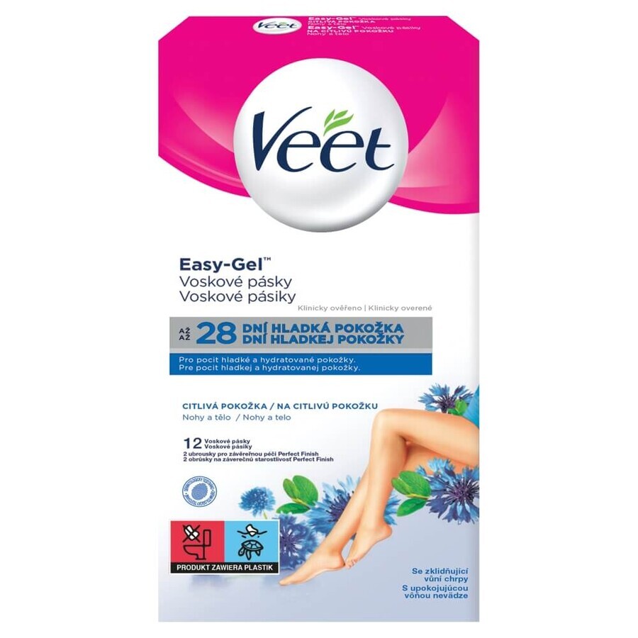 Veet Easy-Gel, bandes de cire pour épilation du corps, peaux sensibles, huile d&#39;amande douce, 12 pièces