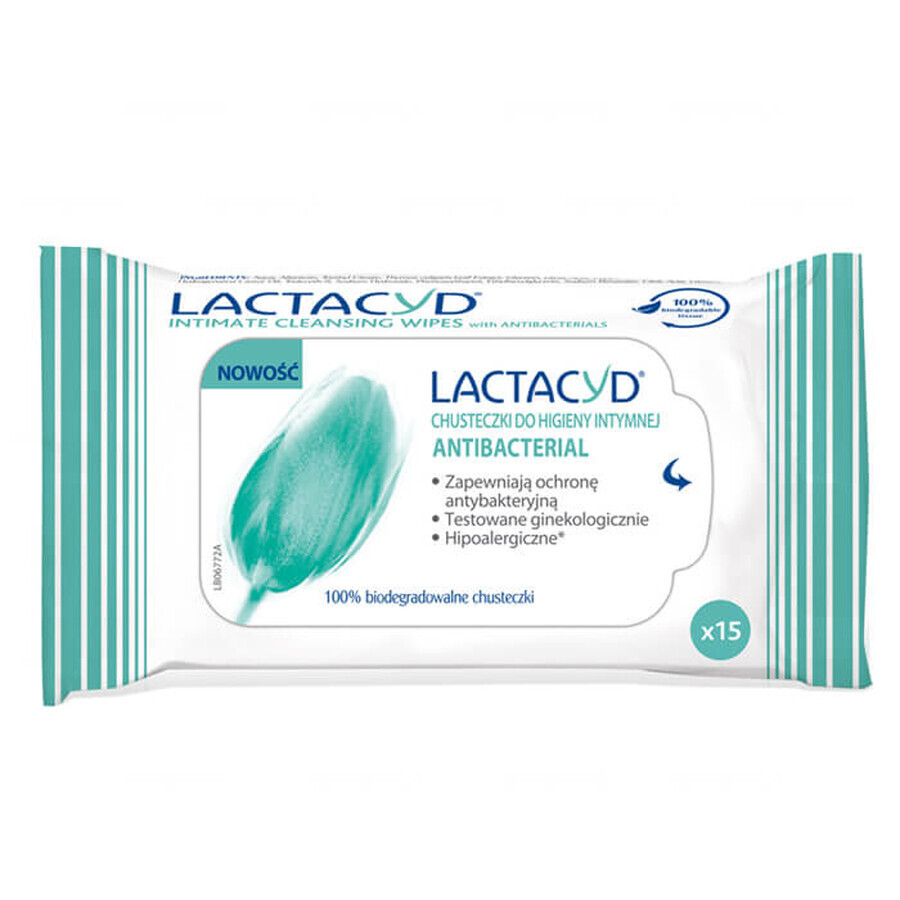 Lactacyd Antybacterial, salviette per l'igiene intima, 15 pezzi