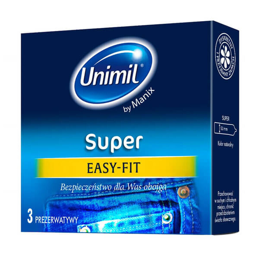 Unimil Super Easy-Fit, préservatifs classiques, 3 pièces