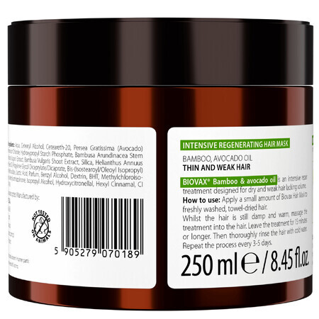 Biovax, masque régénérant intensément, huile de bambou et d&#39;avocat, 250 ml