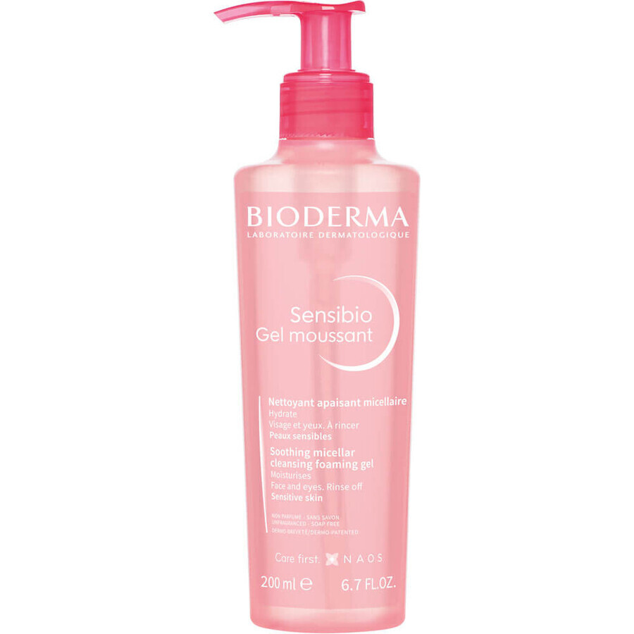 Bioderma Sensibio Gel Moussant, gel micellaire apaisant pour laver le visage, peaux sensibles et hypersensibles, 200 ml