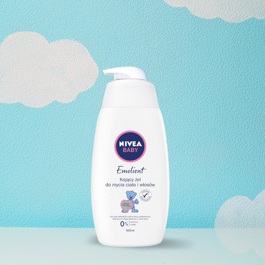 Nivea Baby Emolient, gel nettoyant apaisant pour le corps et les cheveux dès le premier jour, 500 ml