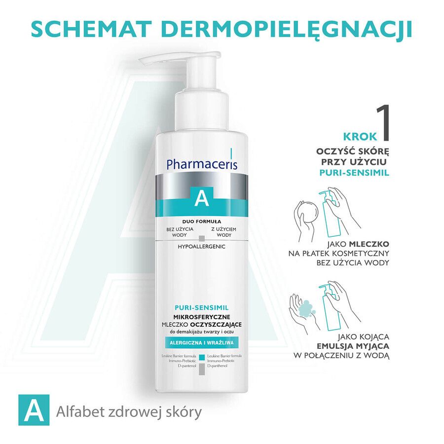 Pharmaceris A Puri-Sensimil, lait nettoyant à base de microsphères pour le démaquillage du visage et des yeux, 190 ml