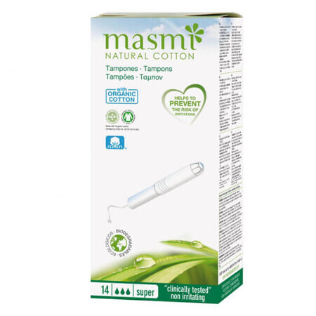 Masmi Natural Cotton, tampoane sanitare din bumbac organic, cu aplicator, Super, 14 bucăți