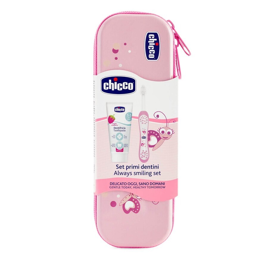 Chicco, brosse à dents + dentifrice, 50 ml + étui, après 12 mois, rose