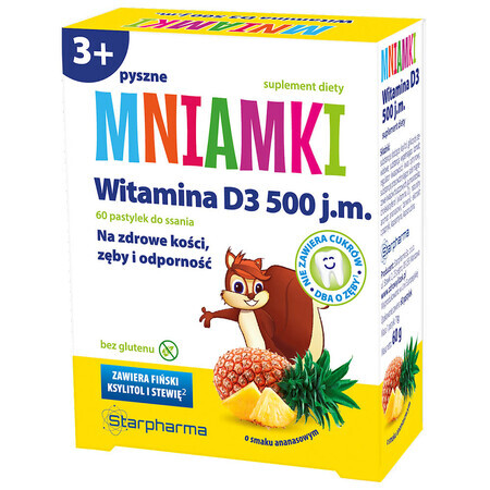 Mniamki Vitamine D3 500 UI, plus de 3 ans, goût ananas, 60 pastilles