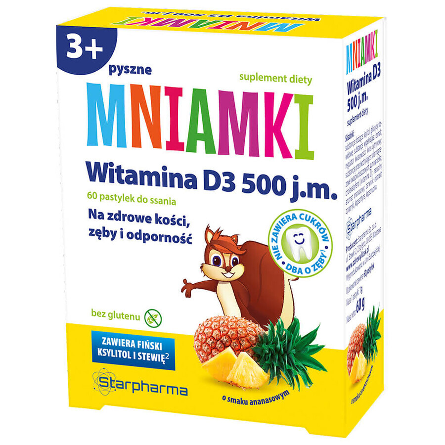 Mniamki Vitamine D3 500 UI, plus de 3 ans, goût ananas, 60 pastilles