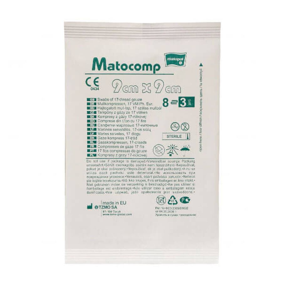 Matopat Matocomp, compresses de gaze stériles, 17 fils, 8 couches, 9 cm x 9 cm, 3 pièces