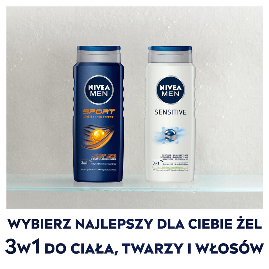 Nivea Men, Gel de duș 3 în 1 pentru față, corp și păr, Sensibil, 500 ml