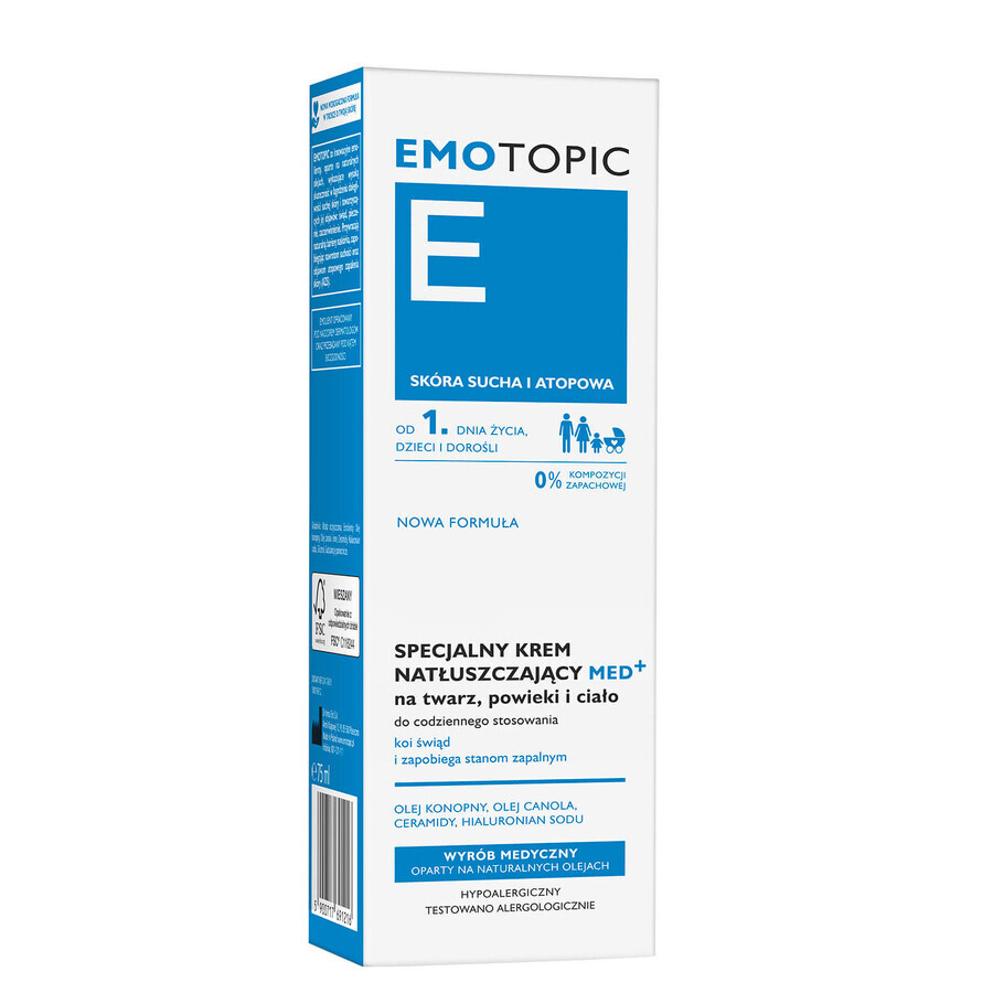 Emotopic E Med+, crème lubrifiante spéciale pour le visage, les paupières et le corps, pour adultes et enfants dès le premier jour, peaux sèches et atopiques, 75 ml