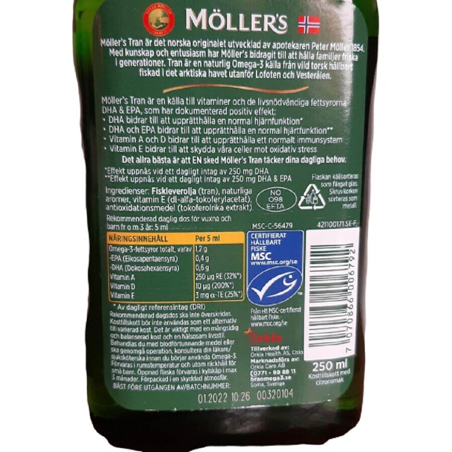 Moller's Gold Norwegian Fish Oil, lemon flavor, 250 ml