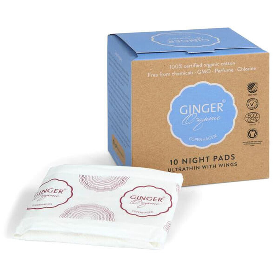 Ginger Organic, serviettes hygiéniques de nuit avec ailettes, 10 pièces