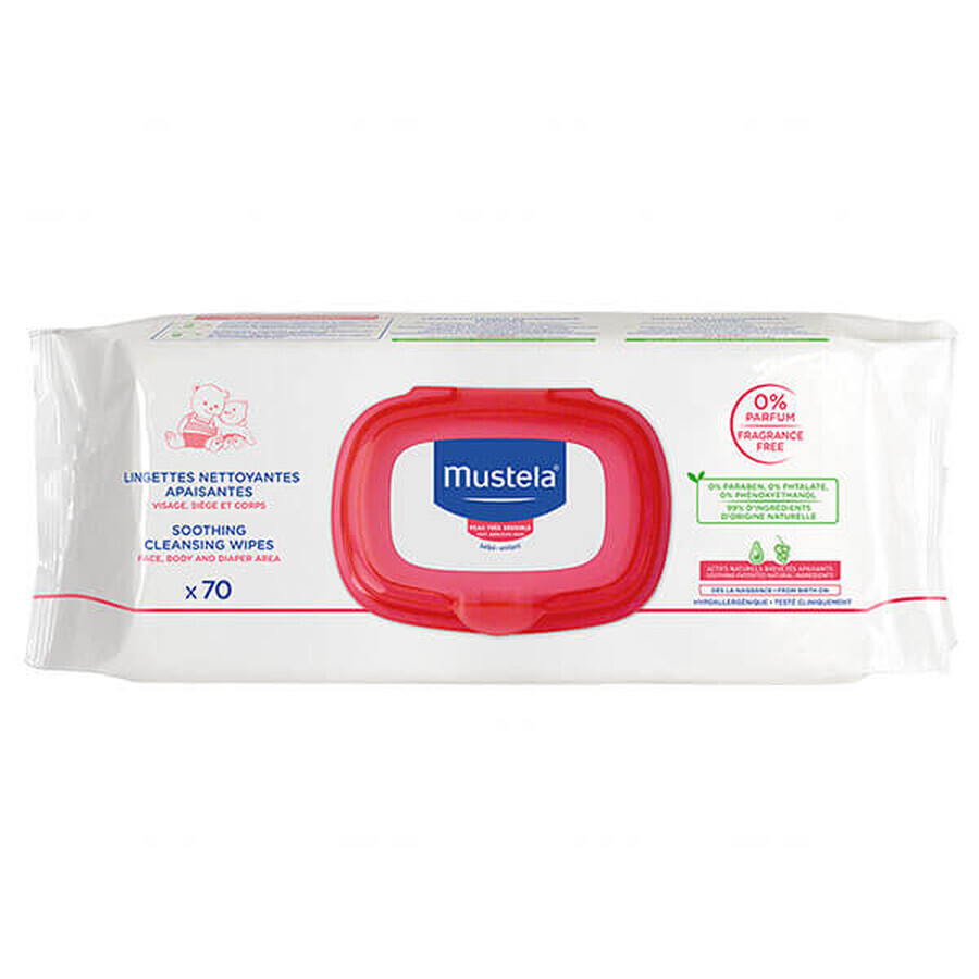 Mustela Bebe Enfant, lingettes humides nettoyantes et apaisantes, dès la naissance, non parfumées, 70 pièces