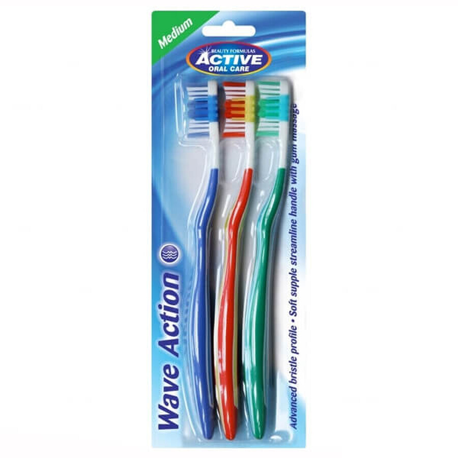 Beauty Formulas Active Oral Care, brosse à dents, Wave Action, Medium, 3 pièces