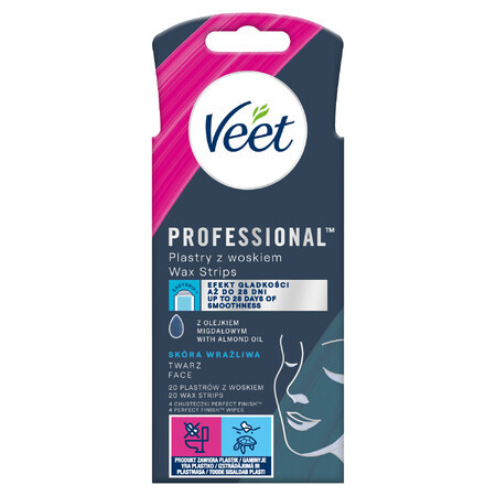 Veet Strisce di cera depilatoria viso per pelli sensibili, 20 pezzi