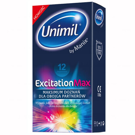 Unimil Excitation Max, préservatifs nervurés avec passepoil et gel chauffant, 12 pièces