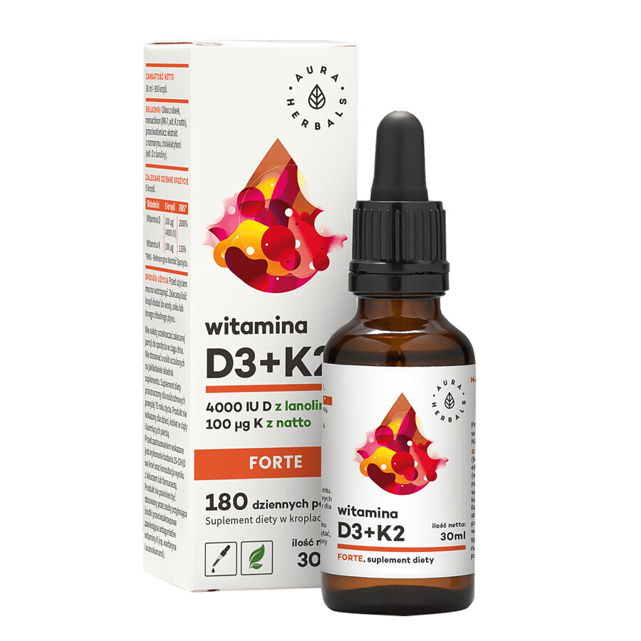 Aura Herbals Vitamine D3 4000 IE + K2 100 µg Forte, druppels, 30 ml