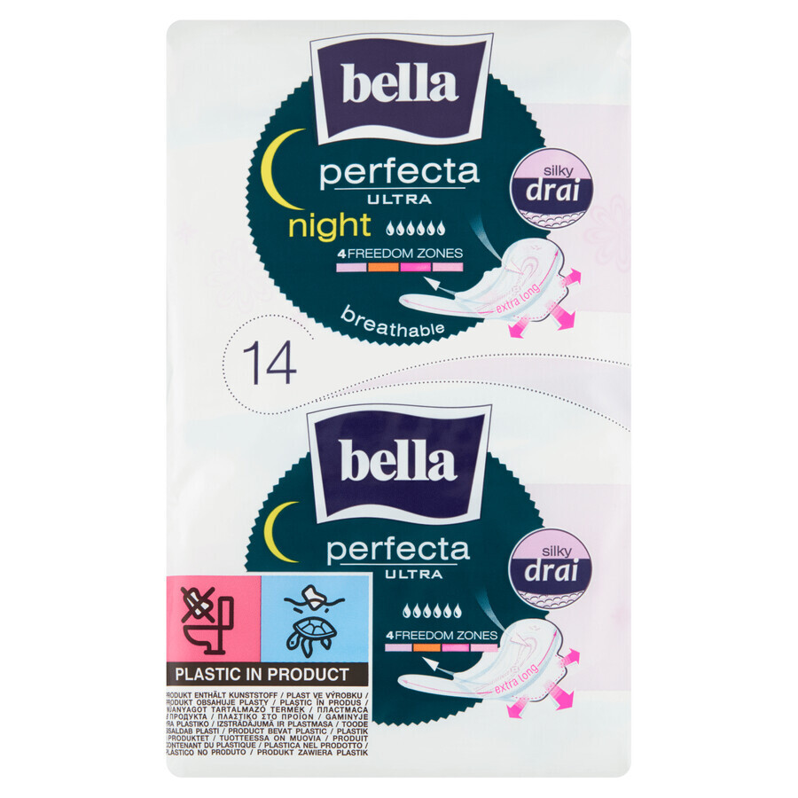 Bella Perfecta Ultra, SilkyDrai compresas con alas, extralargas, Noche, 14 uds.