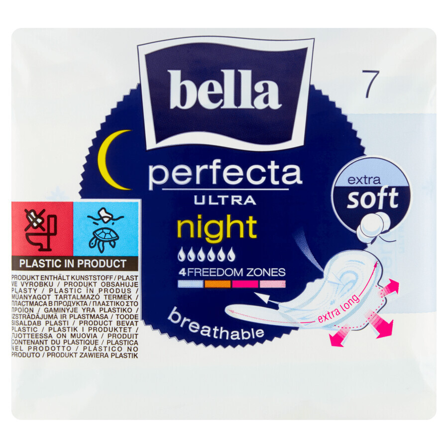 Bella Perfecta Ultra, serviettes hygiéniques extra douces avec ailettes, extra longues, Nuit, 7 pcs