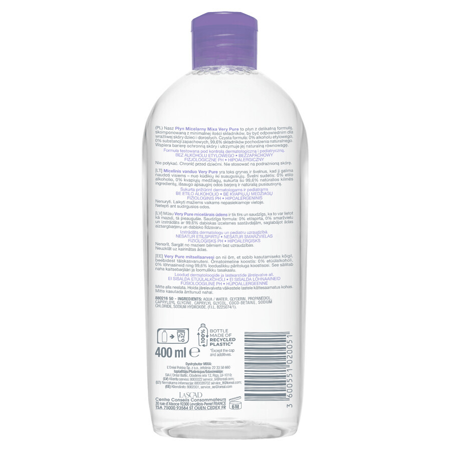 Mixa Very Pure, Lotion micellaire pour le visage et les yeux, pour enfants et adultes, 400 ml