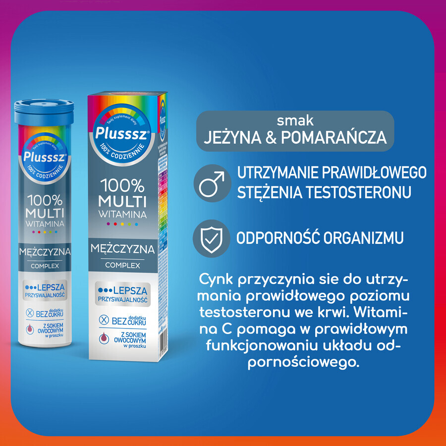 Plusssz 100% Complex Multivitaminic Masculin, aromă de mure și portocale, 20 comprimate efervescente