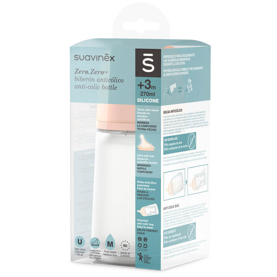 Suavinex Zero Zero, biberon anti-colique avec tétine à débit moyen, à partir de 3 mois, 270 ml